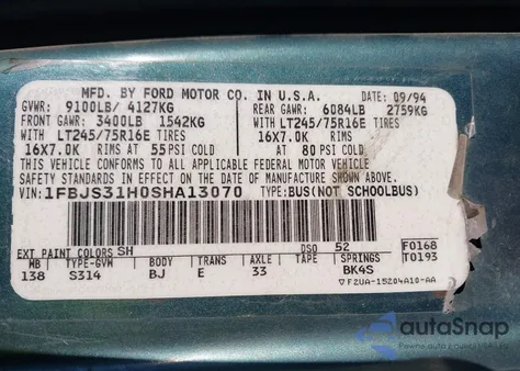 1995 Ford Econoline E350 Super Duty z USA, uszkodzony, nr VIN 1FBJS31H0SHA13070